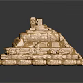 Golden Multi Tiered Architectural Structure With Pyramidal Design Intricate Carvings And Decorative Top