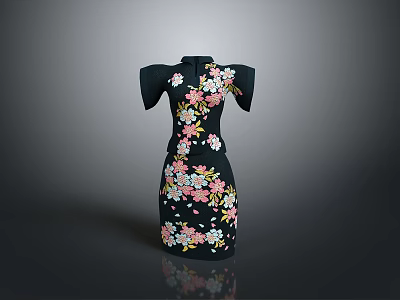 Black Cheongsam With Short Sleeves Stand Collar And Pink White Floral Embroidery 3d model