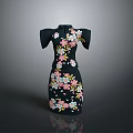 Black Cheongsam With Short Sleeves Stand Collar And Pink White Floral Embroidery