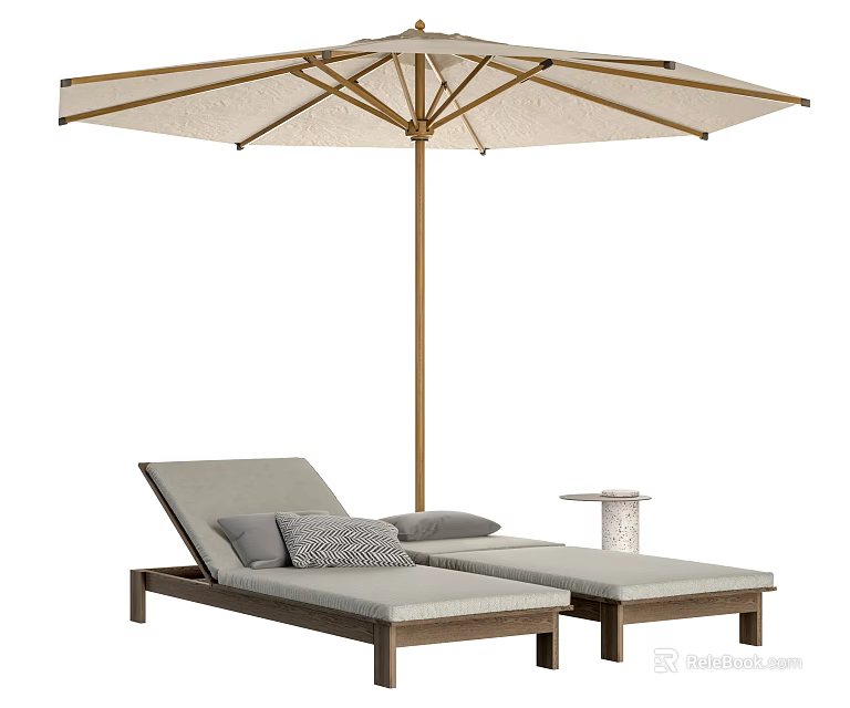 Outdoor Wooden Lounge Chair with Gray Cushions Umbrella and Side Table 3d model 