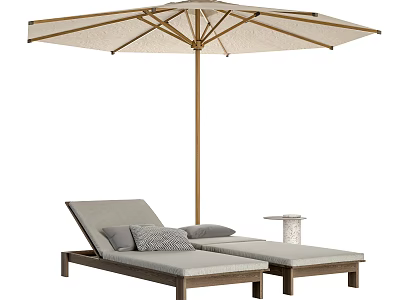 Outdoor Wooden Lounge Chair with Gray Cushions Umbrella and Side Table 3d model