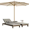 Outdoor Wooden Lounge Chair with Gray Cushions Umbrella and Side Table