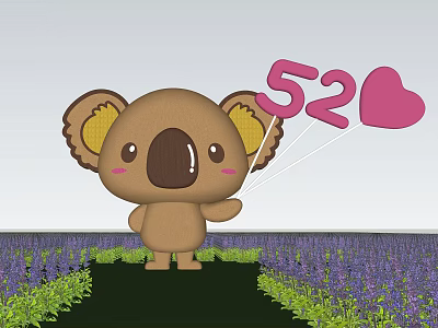 Cute Garden Decor With Cartoon Koala Holding 52 Balloon Pink Heart In Purple Field 3d model