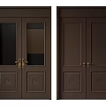 Dark Brown Double Doors With Glass And Wooden Panels Carved Designs And Golden Handles