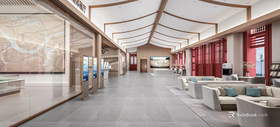 Modern Service Hall Interior With Curved Roof Red Doors And Windows And Sofa Seating Area 3d model 