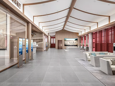 Modern Service Hall Interior With Curved Roof Red Doors And Windows And Sofa Seating Area 3d model