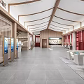 Modern Service Hall Interior With Curved Roof Red Doors And Windows And Sofa Seating Area