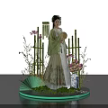 Traditional Attire Female Figure with Bamboo Lotus Flowers Fan and Vase on Illuminated Platform