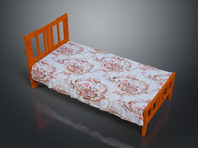 Wooden Bed Frame With Floral Pattern Bed Sheet And Classic Wooden Structure 3d model