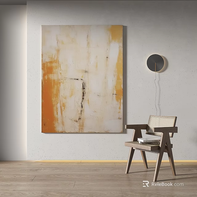 Abstract Painting With Orange White Tones Modern Textured Brushstrokes Wooden Chair Round Mirror Neutral Wall 3d model 