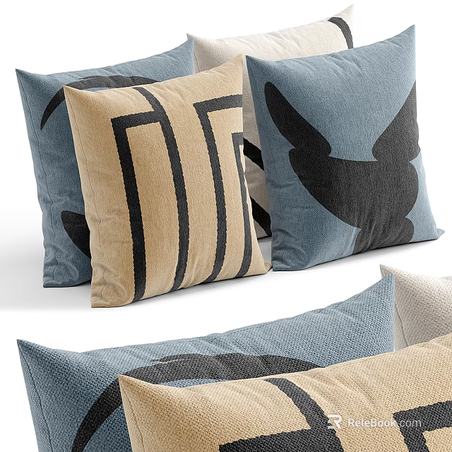 Decorative Pillows In Blue And Beige With Geometric And Abstract Designs Modern Knitted Fabric Set 3d model 