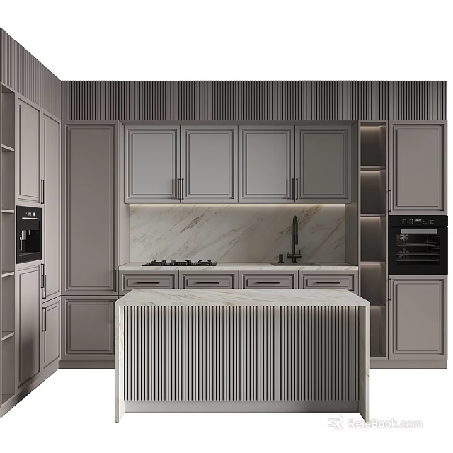 Modern Gray Kitchen Cabinets With Marble Island And Built in Appliances 3d model 