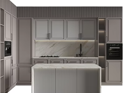 Modern Gray Kitchen Cabinets With Marble Island And Built in Appliances 3d model