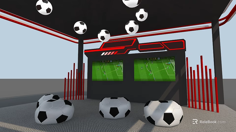 Soccer Themed Tent Interior With Hanging Soccer Balls Screens And Ball Shaped Seats 3d model 