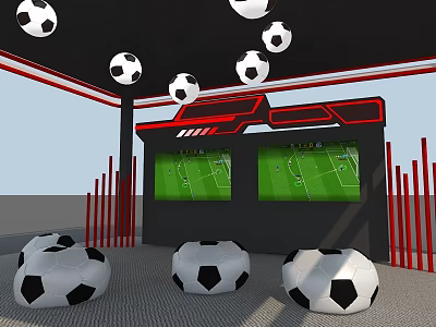 Soccer Themed Tent Interior With Hanging Soccer Balls Screens And Ball Shaped Seats 3d model