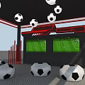 Soccer Themed Tent Interior With Hanging Soccer Balls Screens And Ball Shaped Seats
