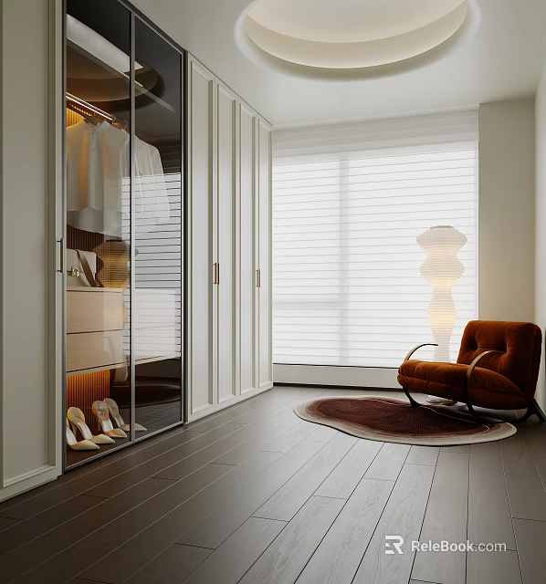 Modern Walk In Closet Interior With Glass Doors Hanging Clothes And Brown Armchair 3d model 