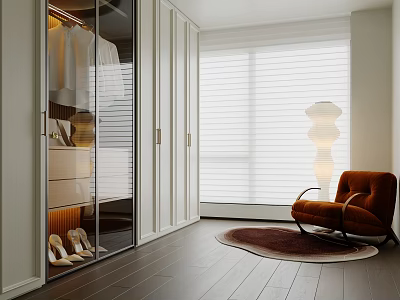 Modern Walk In Closet Interior With Glass Doors Hanging Clothes And Brown Armchair 3d model