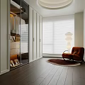 Modern Walk In Closet Interior With Glass Doors Hanging Clothes And Brown Armchair