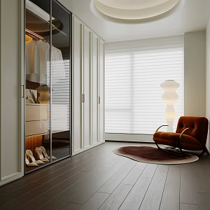 French cloakroom French wardrobe lounge chair shaped carpet venetian blinds floor lamp 3d model