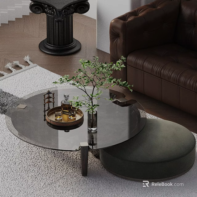 Stylish Brown Leather Sofa With Round Glass Coffee Table And Green Plant On Rug 3d model 