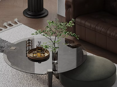 Stylish Brown Leather Sofa With Round Glass Coffee Table And Green Plant On Rug 3d model