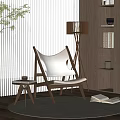 Beige Accent Chair With Wooden Frame Small Side Table Floor Lamp Bookshelf Blinds And Rug
