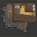 Two Story Cottage Interior Design With Wooden Staircase Bed Table And Stone Floor