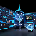 Modern Tech Exhibition Booth With SYC Logo Blue Lighting And Game Character Screens