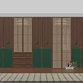 Elegant New Chinese Style Full Wall Wooden Wardrobe With Green Accents And Lattice Storage Design