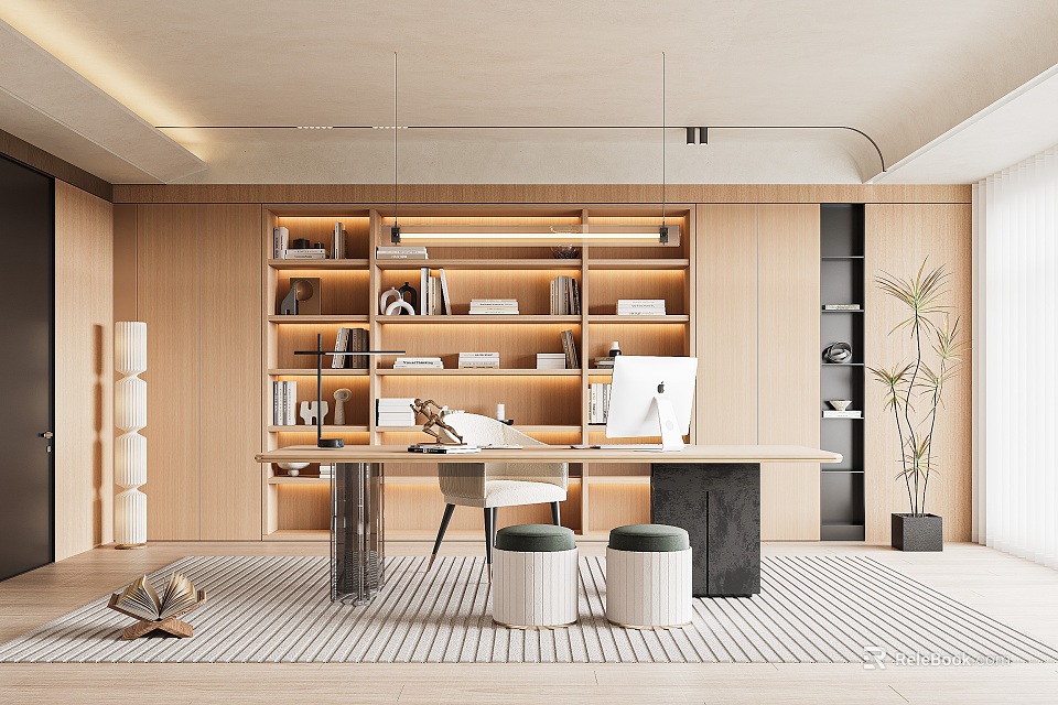 Modern Minimalist Study Room With Wooden Bookshelves And Desk 3d model 