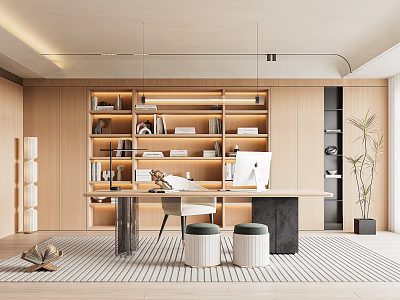 Modern Minimalist Study Room With Wooden Bookshelves And Desk 3d model