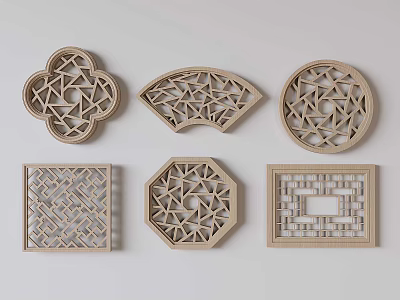 Carved Lattice Windows in Various Shapes with Traditional Wooden Design 3d model
