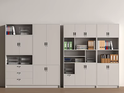 White Office Storage Cabinets With Multiple Doors Drawers And Office Supplies Files Books Folders 3d model