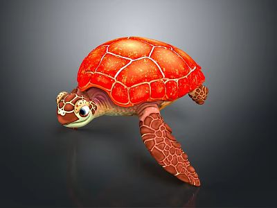 Vibrant Red Shelled Sea Turtle With Detailed Eyes And Brown Limbs In Illustration 3d model