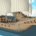 Wooden Sailing Ships With White Sails And Cross Patterns On Blue Water Under Clear Sky