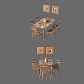 Dining Table Set With Wooden Chairs Wall Paintings And Table Setting 3d model
