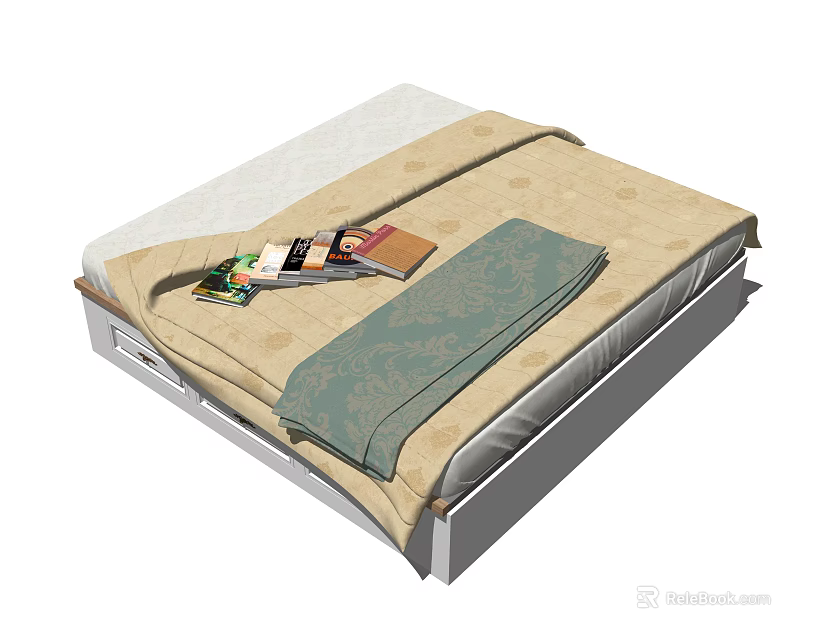 Cozy Bedroom Bed Setup With Beige Sheet Books Colorful Stationery And Teal Blanket 3d model 