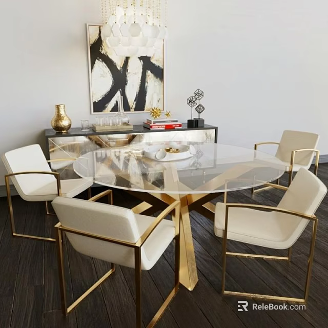 Modern Glass Dining Table Set With Golden Legs And White Chairs Abstract Painting Black Cabinet 3d model 