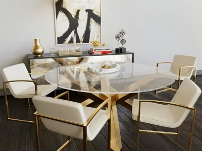 Modern Glass Dining Table Set With Golden Legs And White Chairs Abstract Painting Black Cabinet 3d model