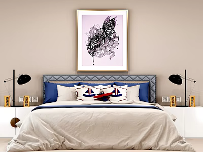 Double Bed With Gray Patterned Headboard Black Bedside Lamps And Pink Framed Abstract Wall Art 3d model
