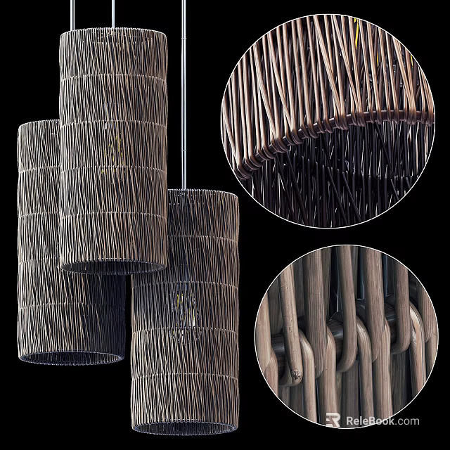Natural Rattan Woven Chandeliers With Cylindrical Shape And Textured Design Details 3d model 