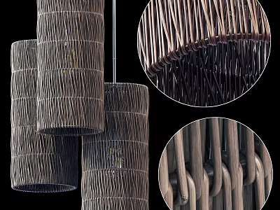 Natural Rattan Woven Chandeliers With Cylindrical Shape And Textured Design Details 3d model