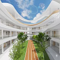 School Hall Interior With Curved Structures And Students 3d model