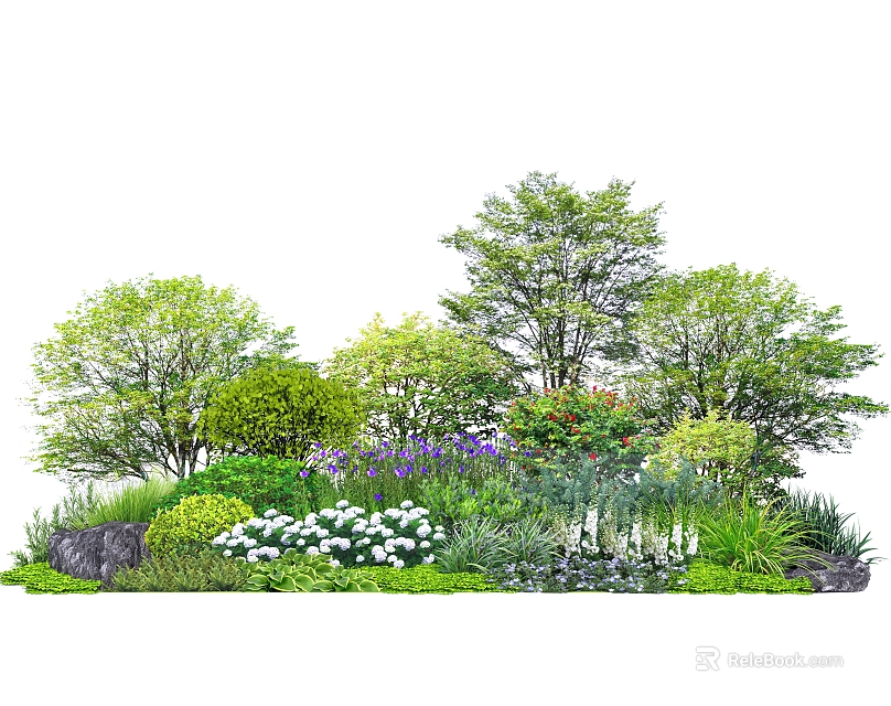 Colorful Garden Blooms with White and Purple Flowers Green Shrubs Various Plants Lush Greenery 3d model 