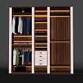 Modern Wooden Wardrobe Interior With Hanging Clothes Storage White Drawers And Warm Lighting