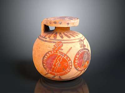 Ancient Painted Pottery Jar Sculpture with Circular Decorative Patterns and Handle Design 3d model