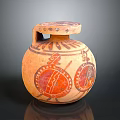Ancient Painted Pottery Jar Sculpture with Circular Decorative Patterns and Handle Design