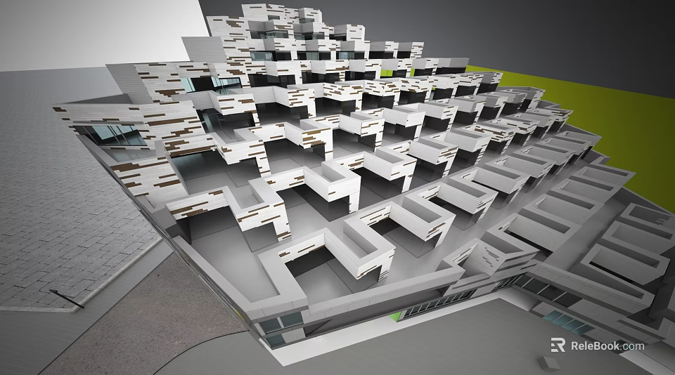 Modern Geometric Office Building With White Stacked Modules And Green Area 3d model 