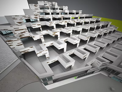 Modern Geometric Office Building With White Stacked Modules And Green Area 3d model